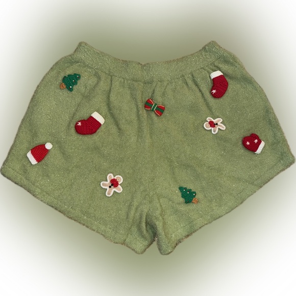 Queen of Sparkles Green Fuzzy Knit Christmas Icon Shorts Size XL Holiday Tinsel - Picture 3 of 8